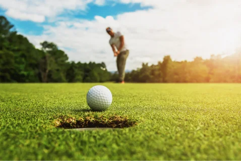 golf ball about to drop into the hole at golf course in bristol