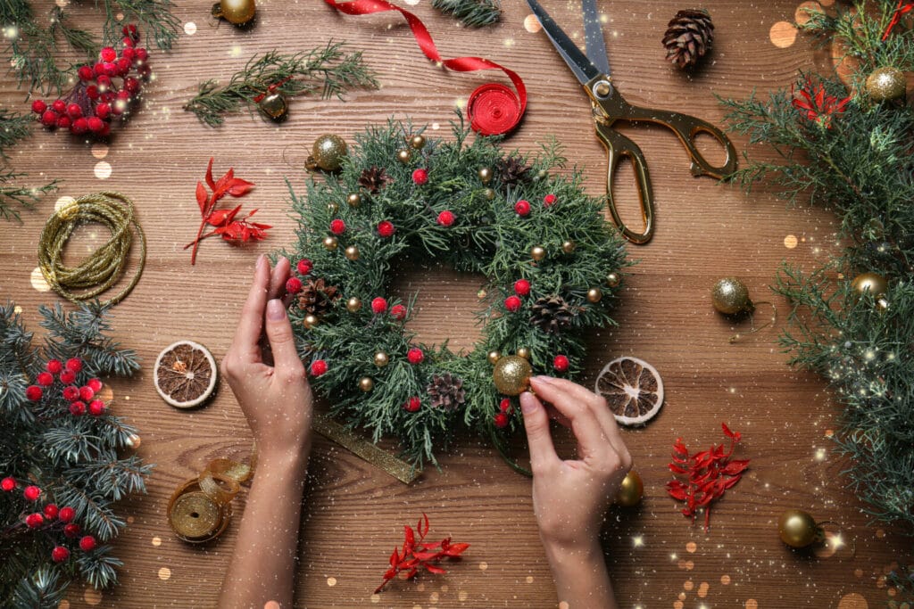 beautifully arranged christmas wreath at christmas event near Bristol