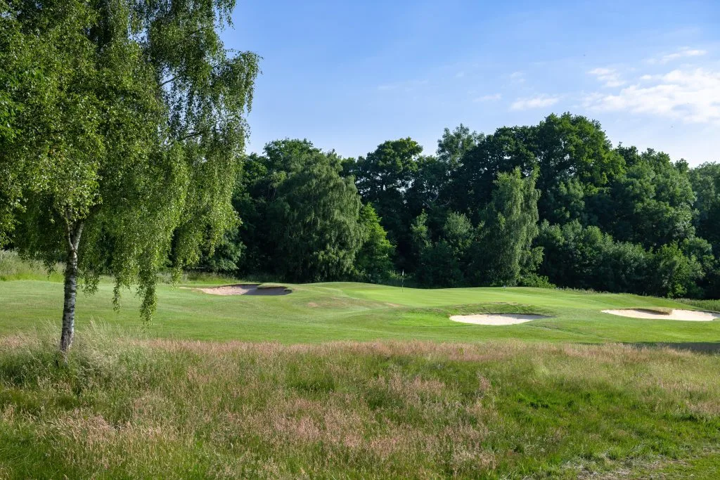 well trimmed golf hole with bunkers
