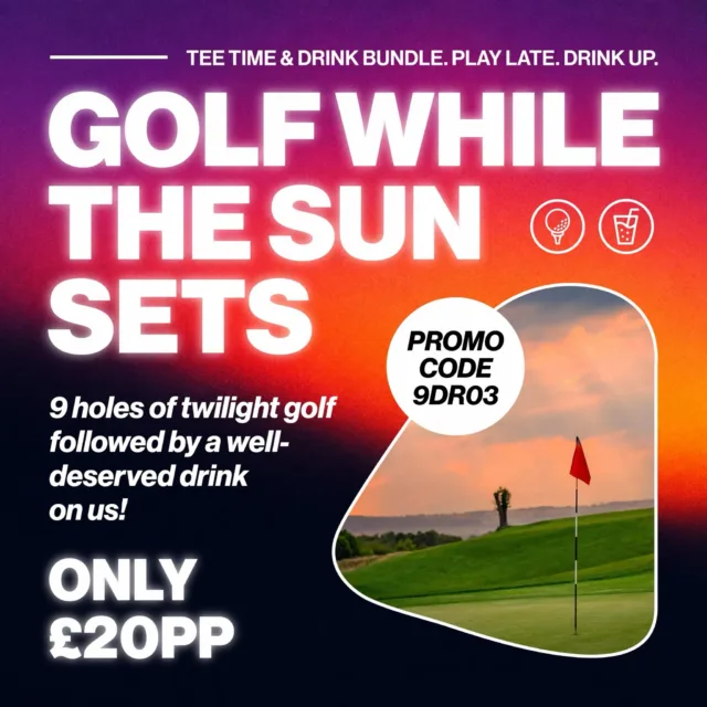 The evenings are too good to waste ☀️⛳

Picture this: golden setting sunshine, quieter fairways, a relaxed 9-hole round and your favourite drink waiting at the end. 

Whether you’re escaping the office, catching up with friends or simply making the most of those long summer evenings, there’s no better way to unwind.

Twilight Golf & Drink Bundle 👇🏼
9 holes & a drink for just £20pp

Book your evening tee time and make the most of summer with promo code 9DRO3 when booking online

#eveningsun #golfevening #golf #summer #golfdeal